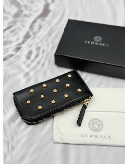 (UNUSED) VERSACE MEDUSA STUDDED CARD CASE IN BLACK CALFSKIN LEATHER -FULL SET-