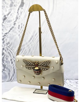GUCCI NAPPA PEARL STUDDED QUEEN MARGARET BROADWAY BEE SHOULDER BAG IN OFF WHITE LEATHER 