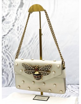GUCCI NAPPA PEARL STUDDED QUEEN MARGARET BROADWAY BEE SHOULDER BAG IN OFF WHITE LEATHER 