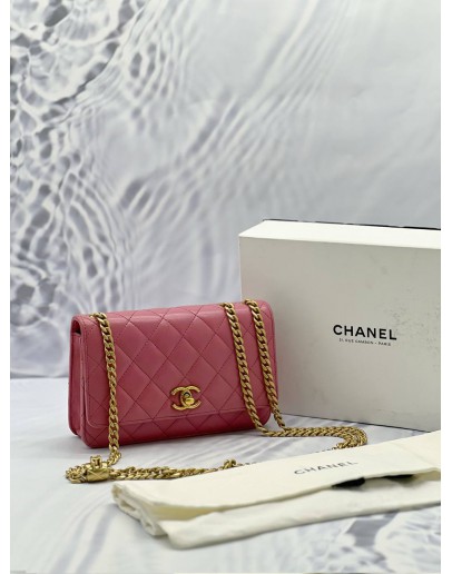 MICROCHIP CHANEL PILLOW CRUSH WALLET ON CHAIN WOC PINK LAMBSKIN -FULL SET- 