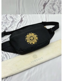 VERSACE MEDUSA EMBROIDERED BELT BAG IN BLACK NYLON & CALFSKIN LEATHER