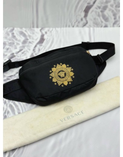 VERSACE MEDUSA EMBROIDERED BELT BAG IN BLACK NYLON & CALFSKIN LEATHER