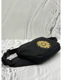 VERSACE MEDUSA EMBROIDERED BELT BAG IN BLACK NYLON & CALFSKIN LEATHER
