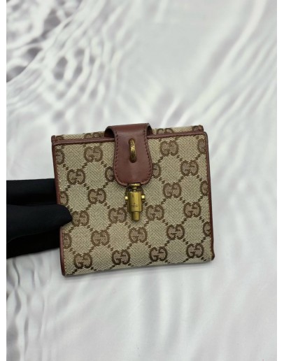 (SALE) GUCCI VINTAGE WALLET IN BEIGE GG CANVAS AND BROWN CALFSKIN LEATHER