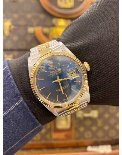 (LIKE NEW) ROLEX OYSTER PERPETUAL DATEJUST 36 REF16013 HALF 18K 750 YELLOW GOLD JUBILEE BLUE DIAL 36MM AUTOMATIC WATCH