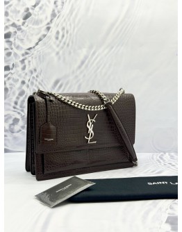 (UNUSED) YSL SAINT LAURENT SUNSET MEDIUM SHOULDER BAG IN DARK BROWN CROCODILE EMBOSSED CALFSKIN LEATHER