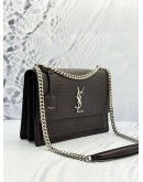 (UNUSED) YSL SAINT LAURENT SUNSET MEDIUM SHOULDER BAG IN DARK BROWN CROCODILE EMBOSSED CALFSKIN LEATHER