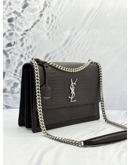 (UNUSED) YSL SAINT LAURENT SUNSET MEDIUM SHOULDER BAG IN DARK BROWN CROCODILE EMBOSSED CALFSKIN LEATHER