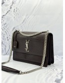 (UNUSED) YSL SAINT LAURENT SUNSET MEDIUM SHOULDER BAG IN DARK BROWN CROCODILE EMBOSSED CALFSKIN LEATHER