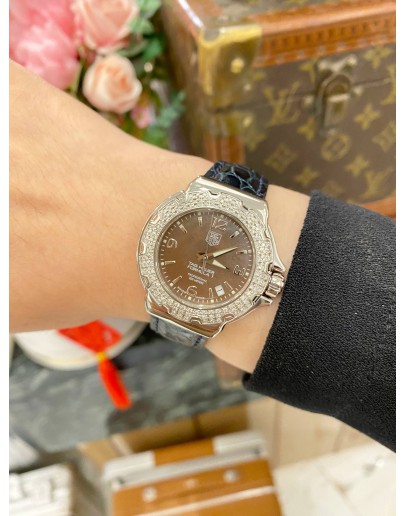 (LIKE NEW) 2014 TAG HEUER FORMULA 1 LADY REF WAC1217 DIAMOND BEZEL BROWN MOTHER OF PEARL DIAL 37MM QUARTZ WATCH -FULL SET-