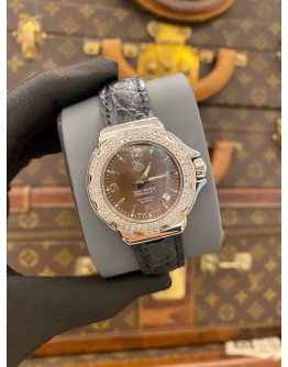 (LIKE NEW) 2014 TAG HEUER FORMULA 1 LADY REF WAC1217 DIAMOND BEZEL BROWN MOTHER OF PEARL DIAL 37MM QUARTZ WATCH -FULL SET-