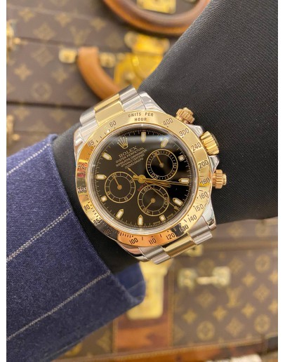 2005 ROLEX DAYTONA COSMOGRAPH HALF 18K 750 YELLOW GOLD REF 116523 BLACK DIAL 40MM AUTOMATIC
