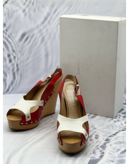 (LIKE NEW) VERSACE WEDGES SIZE 39 IN RED AND WHITE LEATHER WITH WOODEN SOLE