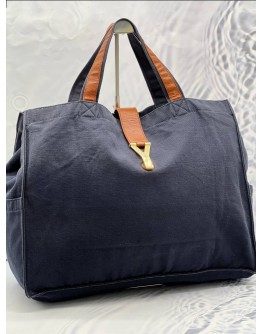 YSL SAINT LAURENT TOTE BAG IN DARK BLUE CANVAS WITH BROWN CALFSKIN LEATHER