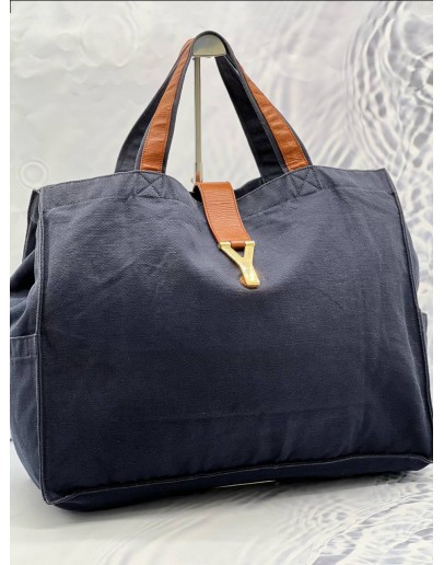 YSL SAINT LAURENT TOTE BAG IN DARK BLUE CANVAS WITH BROWN CALFSKIN LEATHER