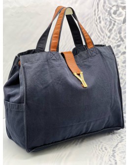 YSL SAINT LAURENT TOTE BAG IN DARK BLUE CANVAS WITH BROWN CALFSKIN LEATHER