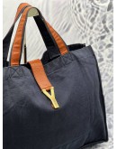 YSL SAINT LAURENT TOTE BAG IN DARK BLUE CANVAS WITH BROWN CALFSKIN LEATHER