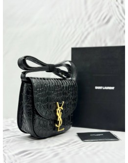 (UNUSED) 2025 YSL SAINT LAURENT KAIA SMALL SATCHEL CROSSBODY BAG IN BLACK SHINY CROCODILE EMBOSSED LEATHER -FULL SET-