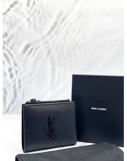 YSL SAINT LAURENT BIFOLD WALLET IN BLACK GRAINED CALFSKIN LEATHER -FULL SET-