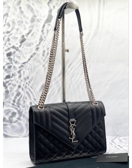 (LIKE NEW) YSL SAINT LAURENT ENVELOPE MEDIUM SHOULDER BAG IN BLACK GRAIN DE POUDRE EMBOSSED LEATHER 