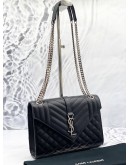 (LIKE NEW) YSL SAINT LAURENT ENVELOPE MEDIUM SHOULDER BAG IN BLACK GRAIN DE POUDRE EMBOSSED LEATHER 