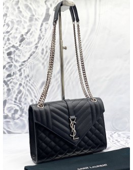 (LIKE NEW) YSL SAINT LAURENT ENVELOPE MEDIUM SHOULDER BAG IN BLACK GRAIN DE POUDRE EMBOSSED LEATHER 