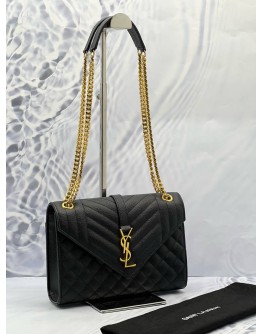 (LIKE NEW) YSL SAINT LAURENT ENVELOPE SHOULDER BAG IN BLACK GRAIN DE POUDRE EMBOSSED CALFSKIN LEATHER