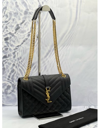 (LIKE NEW) YSL SAINT LAURENT ENVELOPE SHOULDER BAG IN BLACK GRAIN DE POUDRE EMBOSSED CALFSKIN LEATHER
