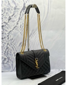 (LIKE NEW) YSL SAINT LAURENT ENVELOPE SHOULDER BAG IN BLACK GRAIN DE POUDRE EMBOSSED CALFSKIN LEATHER