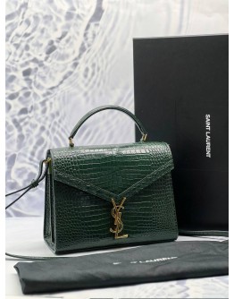 (LIKE NEW) YSL SAINT LAURENT CASSANDRA TOP HANDLE BAG IN DARK GREEN CROCODILE EMBOSSED CALFSKIN LEATHER -FULL SET-