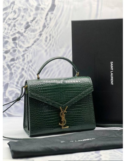 (LIKE NEW) YSL SAINT LAURENT CASSANDRA TOP HANDLE BAG IN DARK GREEN CROCODILE EMBOSSED CALFSKIN LEATHER -FULL SET-