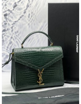 (LIKE NEW) YSL SAINT LAURENT CASSANDRA TOP HANDLE BAG IN DARK GREEN CROCODILE EMBOSSED CALFSKIN LEATHER -FULL SET-