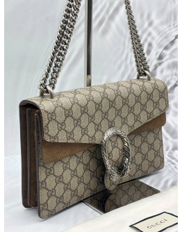 GUCCI DIONYSUS MEDIUM CHAIN BAG IN BEIGE GG SUPREME CANVAS WITH BROWN SUEDE LEATHER