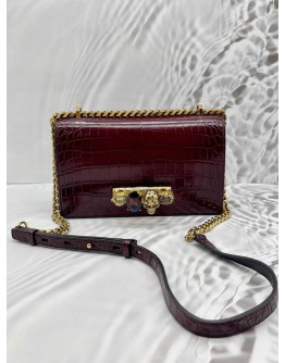ALEXANDER MCQUEEN THE JEWELLED CHAIN BAG IN BURGUNDY EMBOSSED LEATHER