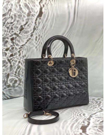 CHRISTIAN DIOR LARGE LADY DIOR IN BLACK PATENT LEATHER