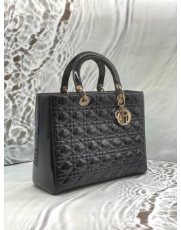 CHRISTIAN DIOR LARGE LADY DIOR IN BLACK PATENT LEATHER
