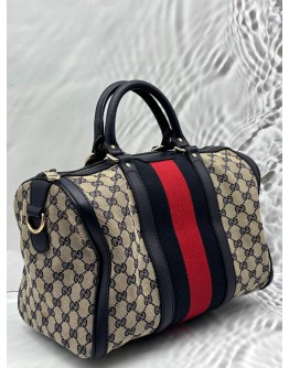 GUCCI VINTAGE WEB BOSTON BAG IN NAVY BLUE GG CANVAS WITH LEATHER