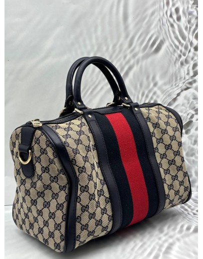 GUCCI VINTAGE WEB BOSTON BAG IN NAVY BLUE GG CANVAS WITH LEATHER