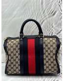 GUCCI VINTAGE WEB BOSTON BAG IN NAVY BLUE GG CANVAS WITH LEATHER