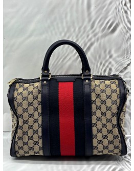 GUCCI VINTAGE WEB BOSTON BAG IN NAVY BLUE GG CANVAS WITH LEATHER