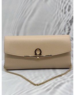 SALVATORE FERRAGAMO GANCINI MINI CHAIN BAG IN BEIGE SAFIANO LEATHER
