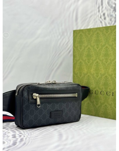 GUCCI BELT BAG IN GREY GG SUPREME CANVAS WITH BLACK LEATHER -FULL SET-