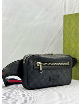 GUCCI BELT BAG IN GREY GG SUPREME CANVAS WITH BLACK LEATHER -FULL SET-