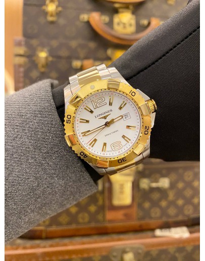 2020 LONGINES HYDROCONQUEST TWO TONE PVD YELLOW GOLD REF L3.647.3 WHITE DIAL 39MM QUARTZ WATCH
