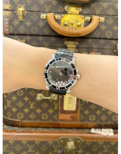2015 CHOPARD HAPPY SPORT 5 FLOATING DIAMONDS BLACK CERAMIC REF 8475 BLACK DIAL 36MM QUARTZ WATCH