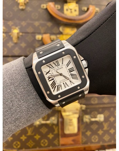2009 CARTIER SANTOS 100 XL BLACK RUBBER REF 2656 WHITE ROMAN NUMERALS DIAL 38MM X 51MM AUTOMATIC WATCH -FULL SET-