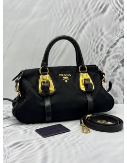 PRADA SMALL TOTE BAG IN BLACK NYLON WITH LEATHER