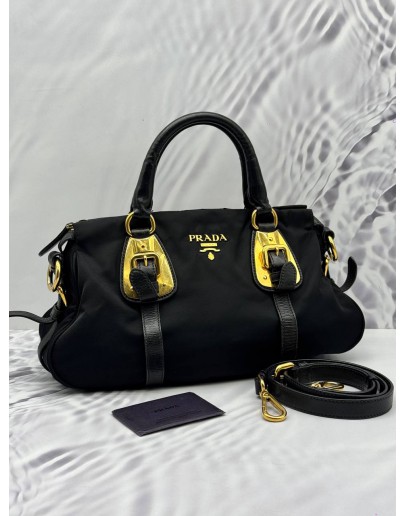 PRADA SMALL TOTE BAG IN BLACK NYLON WITH LEATHER