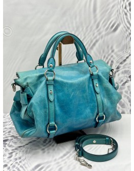 MIU MIU BOW TOTE BAG IN BLUE TURQUOISE VITELLO LEATHER