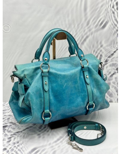 MIU MIU BOW TOTE BAG IN BLUE TURQUOISE VITELLO LEATHER